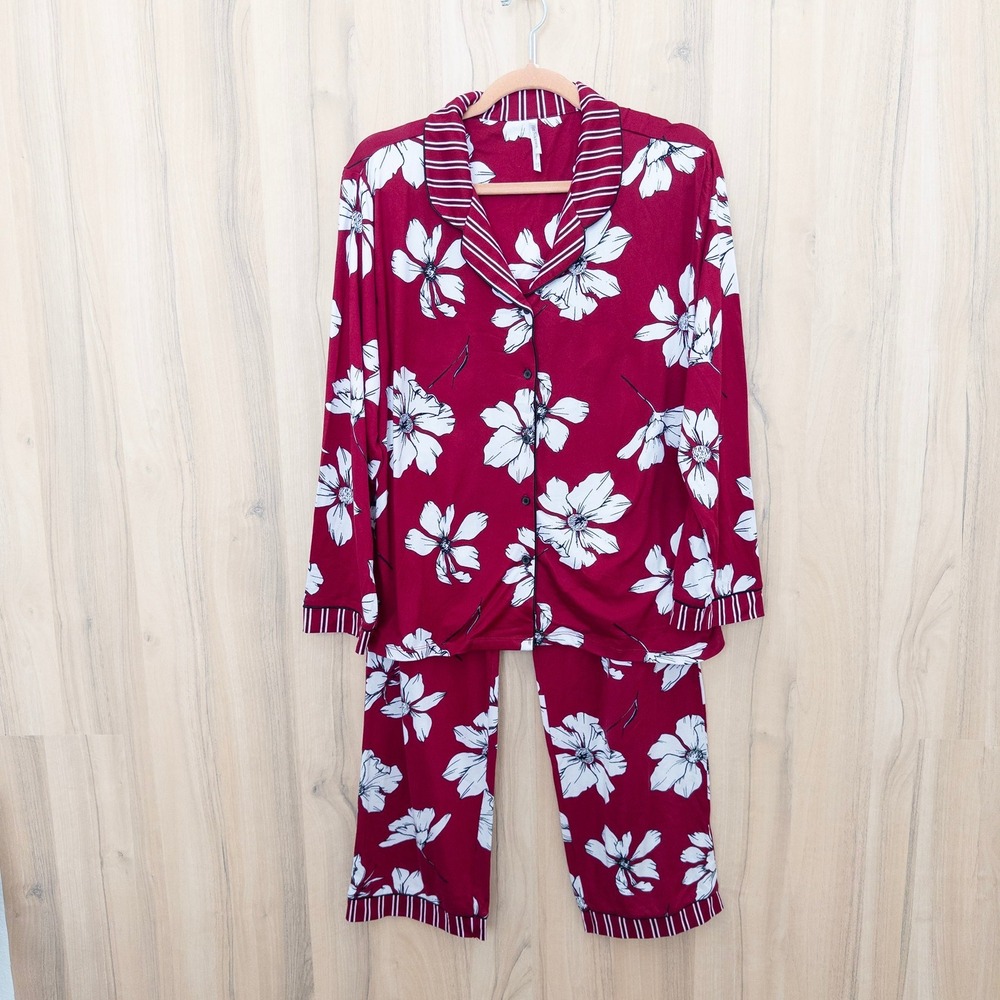 Flora Nikrooz Floral Pajama Set M Red Button Down Long Sleeve Pant Cozy Soft